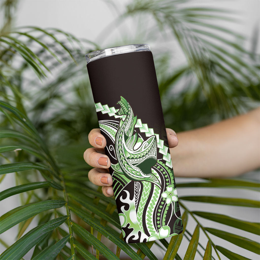 Green Black Aloha Hawaii Skinny Tumbler Polynesian Shark Tattoo Plumeria