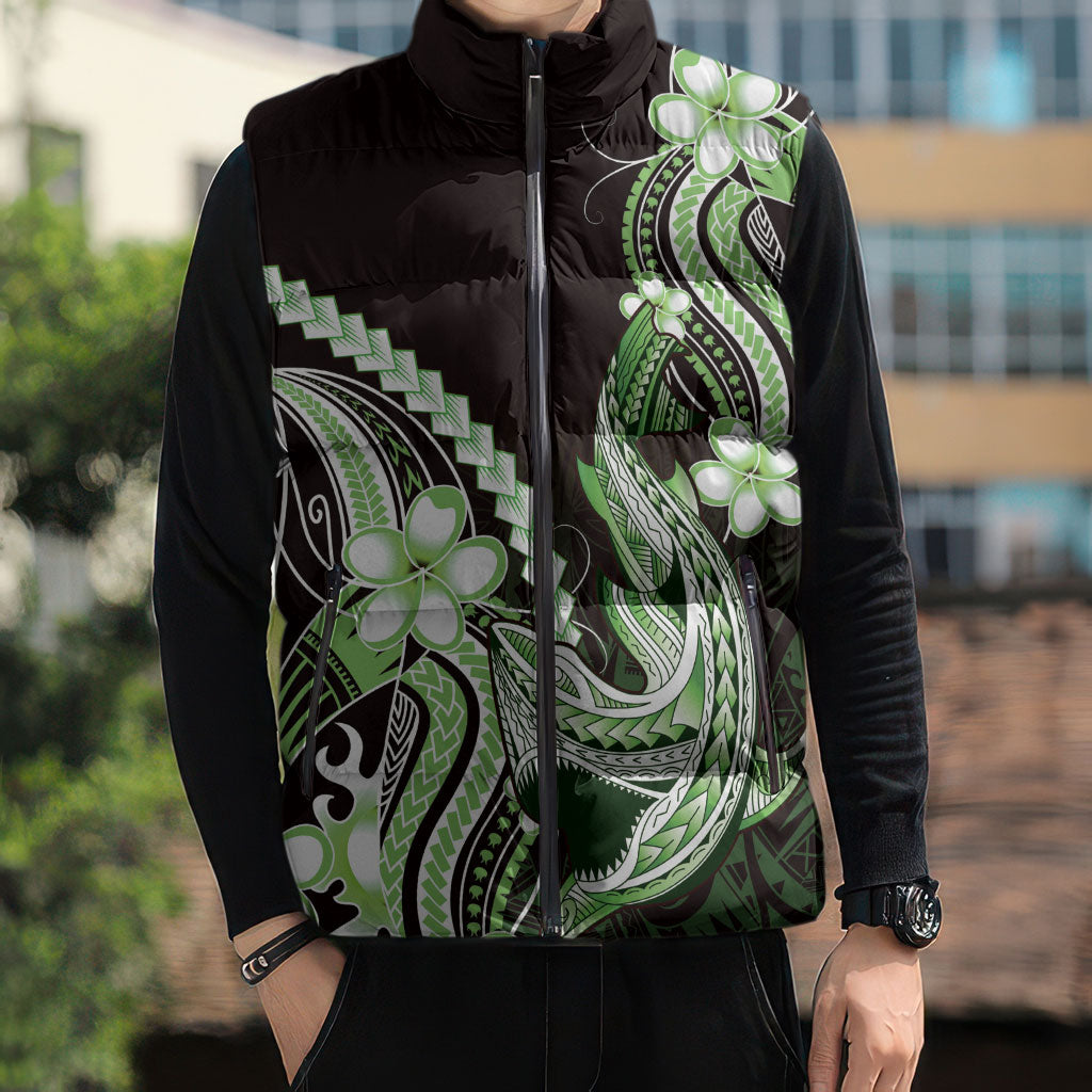 Green Black Aloha Hawaii Sleeveless Puffer Jacket Polynesian Shark Tattoo Plumeria