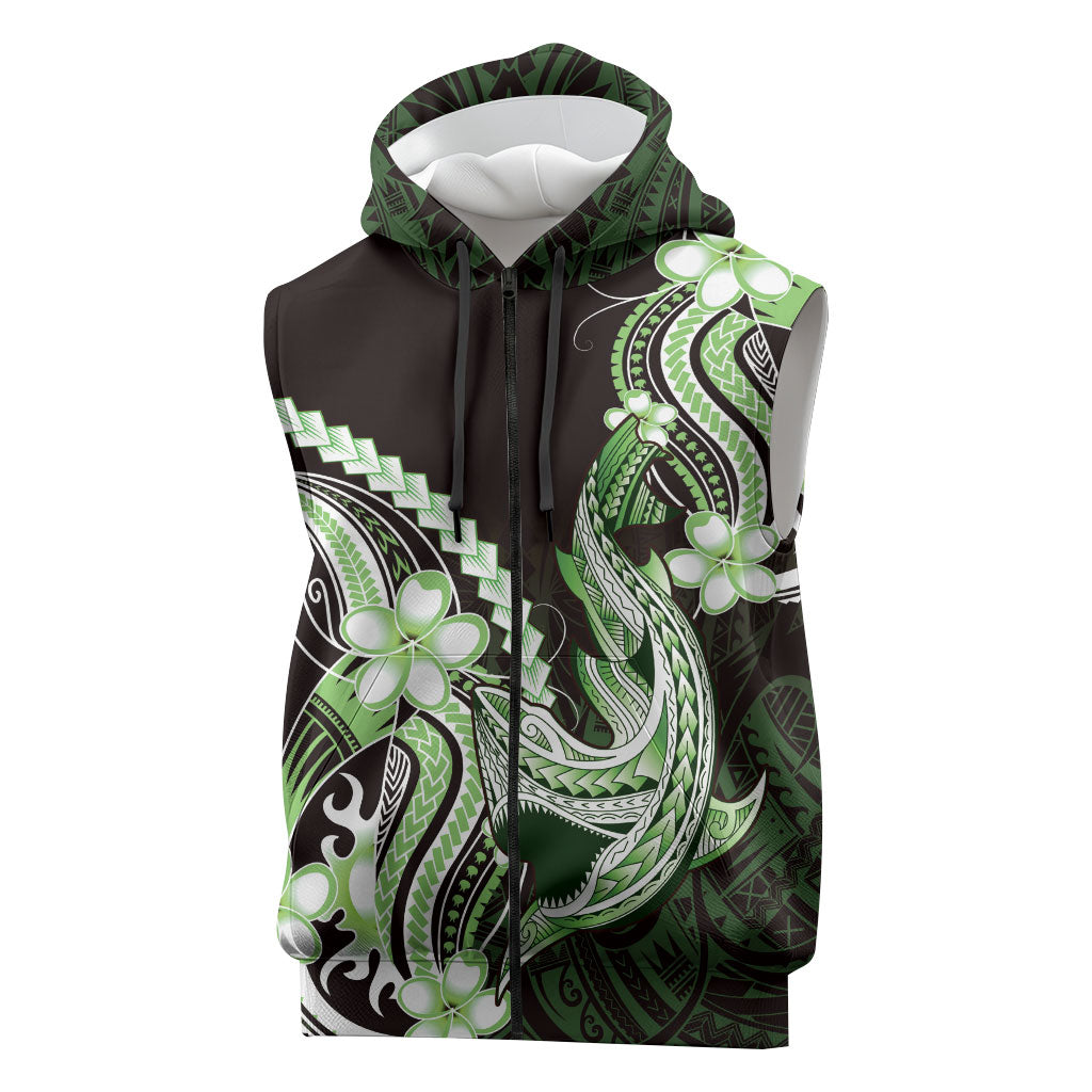 Green Black Aloha Hawaii Sleeveless Zip Hoodie Polynesian Shark Tattoo Plumeria