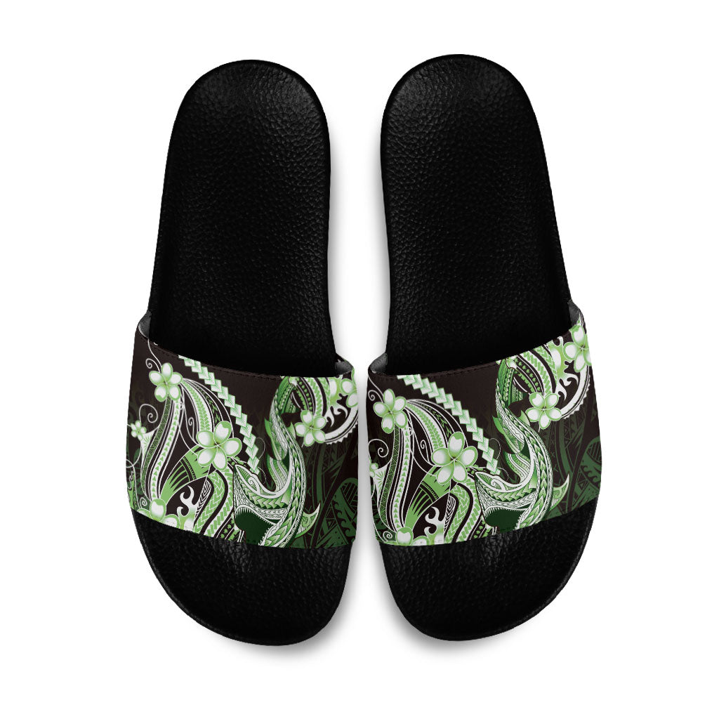 Green Black Aloha Hawaii Slide Sandals Polynesian Shark Tattoo Plumeria LT14 Green - Polynesian Pride