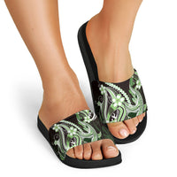 Green Black Aloha Hawaii Slide Sandals Polynesian Shark Tattoo Plumeria