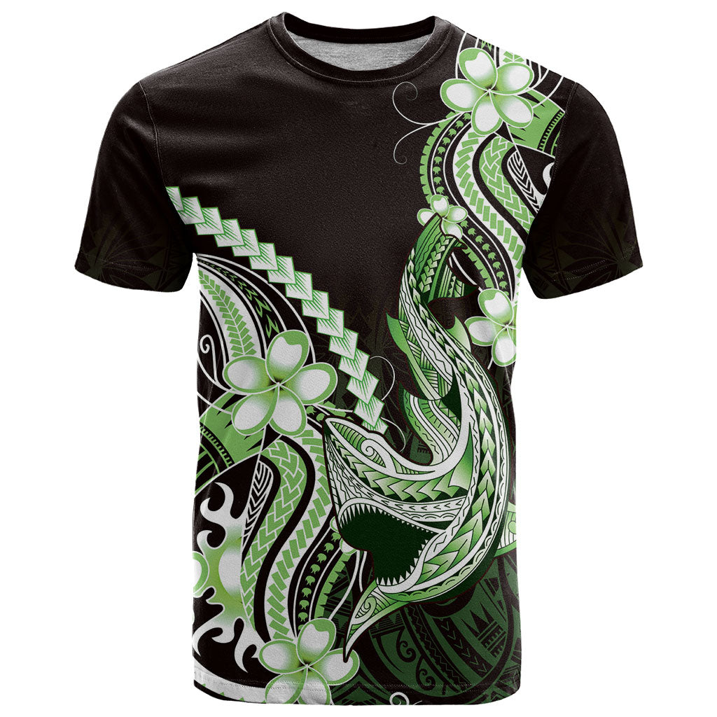 Green Black Aloha Hawaii T Shirt Polynesian Shark Tattoo Plumeria