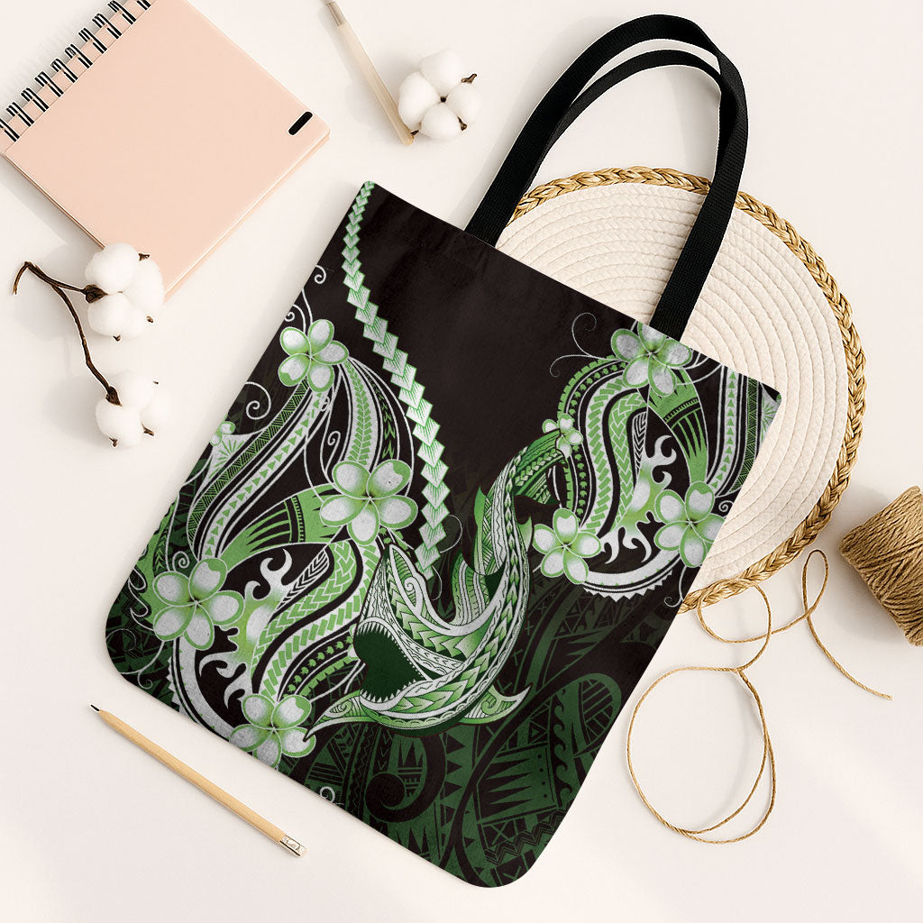 Green Black Aloha Hawaii Tote Bag Polynesian Shark Tattoo Plumeria