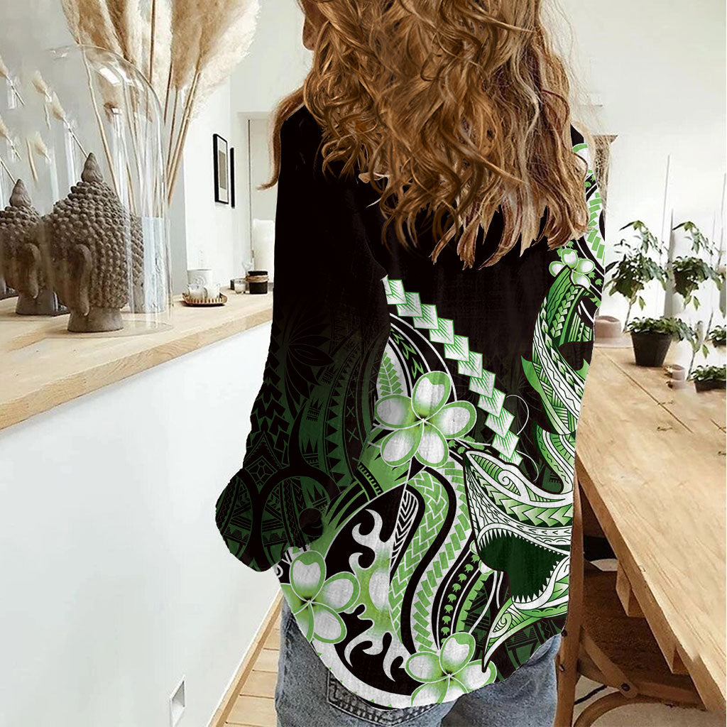 Green Black Aloha Hawaii Women Casual Shirt Polynesian Shark Tattoo Plumeria