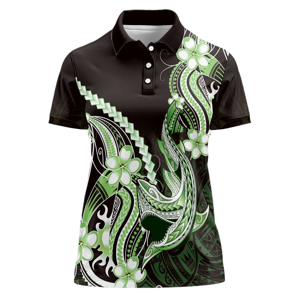 Green Black Aloha Hawaii Women Polo Shirt Polynesian Shark Tattoo Plumeria