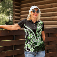 Green Black Aloha Hawaii Women Polo Shirt Polynesian Shark Tattoo Plumeria