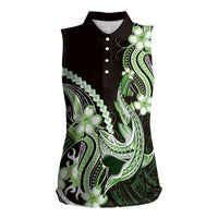 Green Black Aloha Hawaii Women Sleeveless Polo Shirt Polynesian Shark Tattoo Plumeria