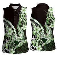 Green Black Aloha Hawaii Women Sleeveless Polo Shirt Polynesian Shark Tattoo Plumeria