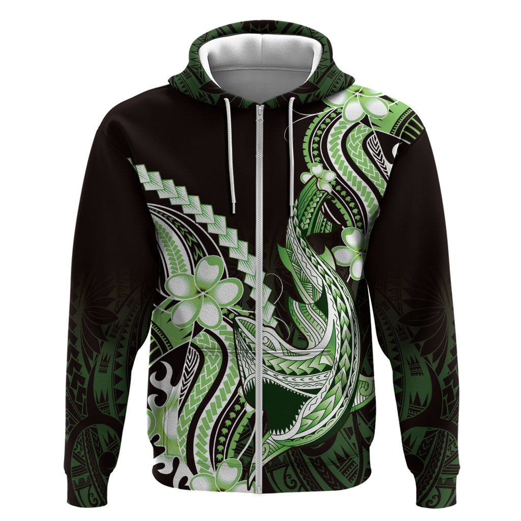 Green Black Aloha Hawaii Zip Hoodie Polynesian Shark Tattoo Plumeria