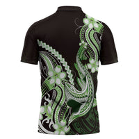 Green Black Aloha Hawaii Zipper Polo Shirt Polynesian Shark Tattoo Plumeria