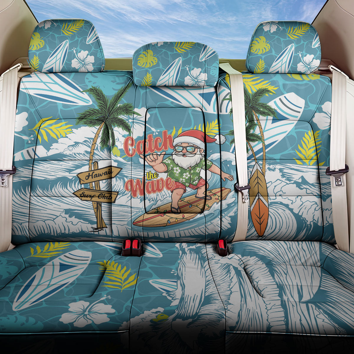 Hawaii Summer Christmas Back Car Seat Cover Surfing Santa Shaka Catch The Wave LT14 One Size Teal - Polynesian Pride