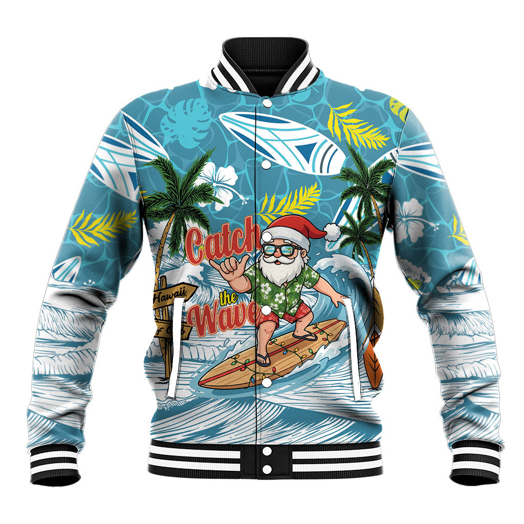 Hawaii Summer Christmas Baseball Jacket Surfing Santa Shaka Catch The Wave LT14 Unisex Teal - Polynesian Pride