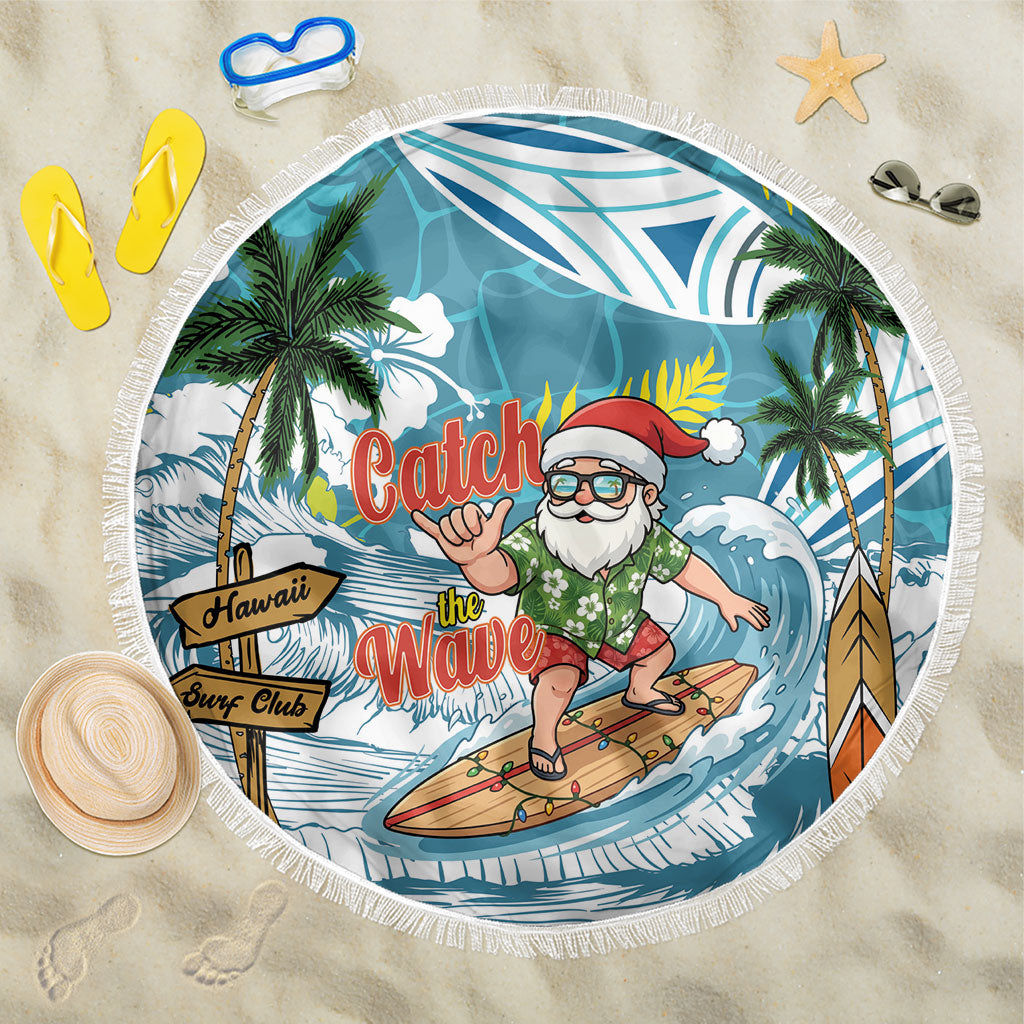 Hawaii Summer Christmas Beach Blanket Surfing Santa Shaka Catch The Wave LT14 One Size 150cm Teal - Polynesian Pride