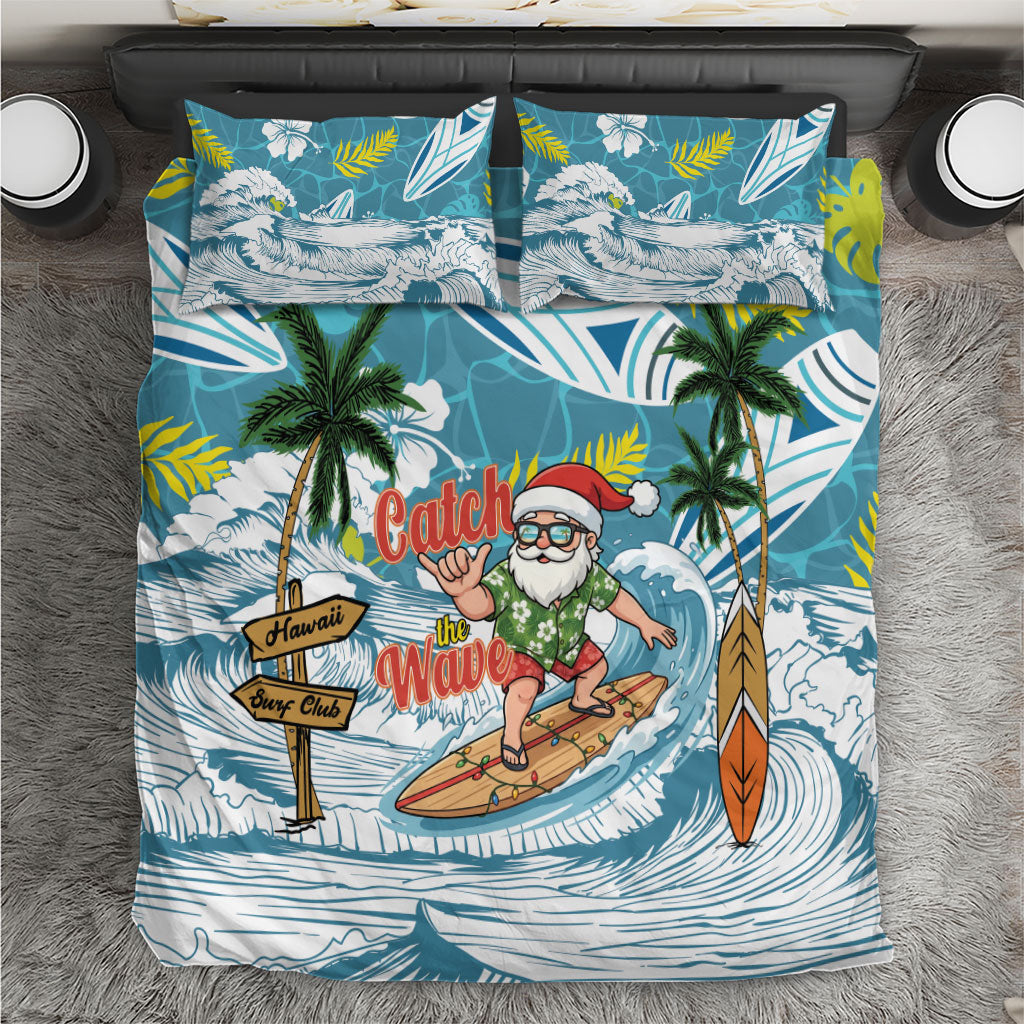 Hawaii Summer Christmas Bedding Set Surfing Santa Shaka Catch The Wave