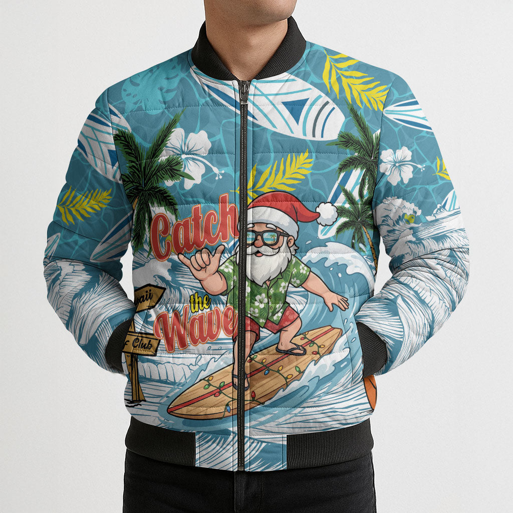 Hawaii Summer Christmas Bomber Puffer Jacket Surfing Santa Shaka Catch The Wave
