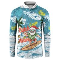 Hawaii Summer Christmas Button Sweatshirt Surfing Santa Shaka Catch The Wave