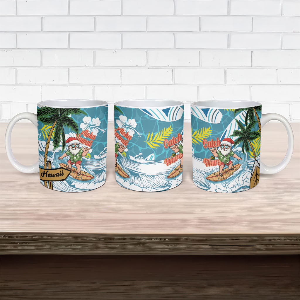 Hawaii Summer Christmas Ceramic Mug Surfing Santa Shaka Catch The Wave