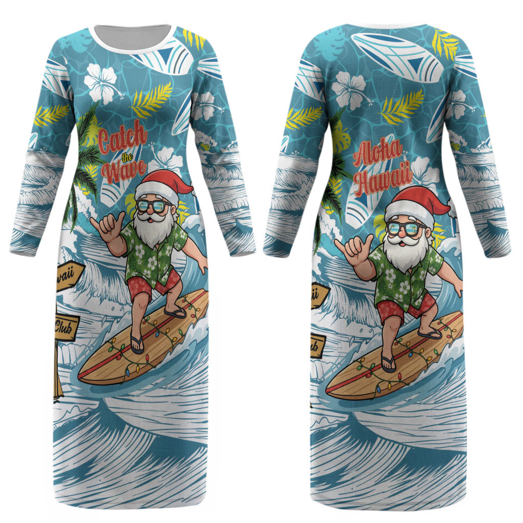 Hawaii Summer Christmas Couples Matching Long Sleeve Bodycon Dress and Long Sleeve Button Shirt Surfing Santa Shaka Catch The Wave LT14