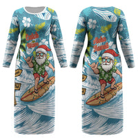 Hawaii Summer Christmas Couples Matching Long Sleeve Bodycon Dress and Long Sleeve Button Shirt Surfing Santa Shaka Catch The Wave LT14