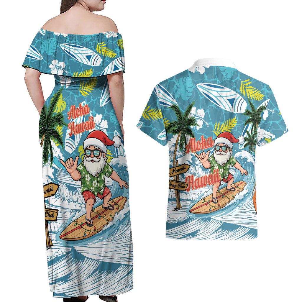 Hawaii Summer Christmas Couples Matching Off Shoulder Maxi Dress and Hawaiian Shirt Surfing Santa Shaka Catch The Wave