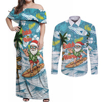 Hawaii Summer Christmas Couples Matching Off Shoulder Maxi Dress and Long Sleeve Button Shirt Surfing Santa Shaka Catch The Wave