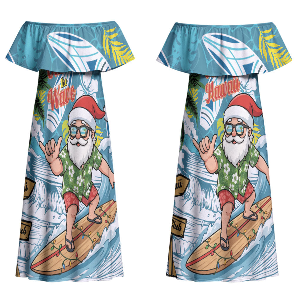 Hawaii Summer Christmas Couples Matching Off Shoulder Maxi Dress and Long Sleeve Button Shirt Surfing Santa Shaka Catch The Wave LT14