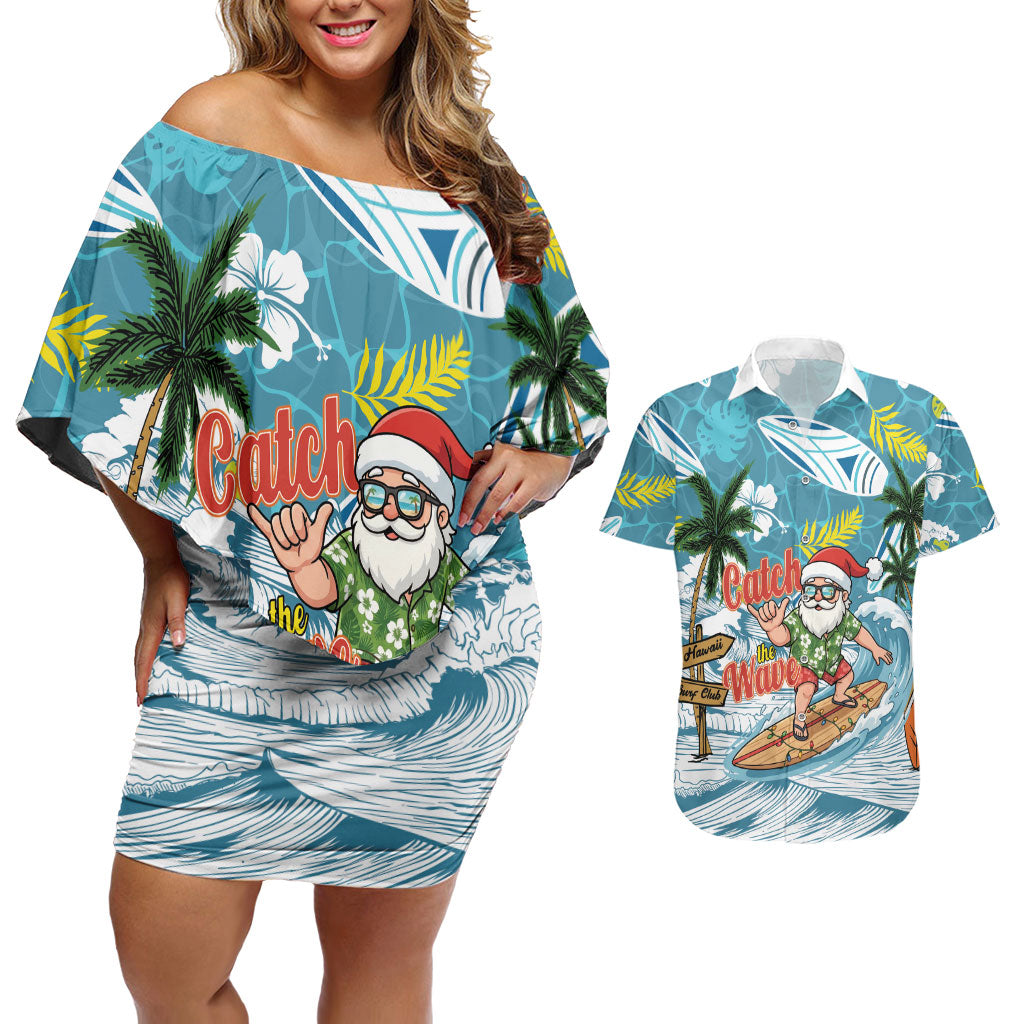 Hawaii Summer Christmas Couples Matching Off Shoulder Short Dress and Hawaiian Shirt Surfing Santa Shaka Catch The Wave LT14 Teal - Polynesian Pride