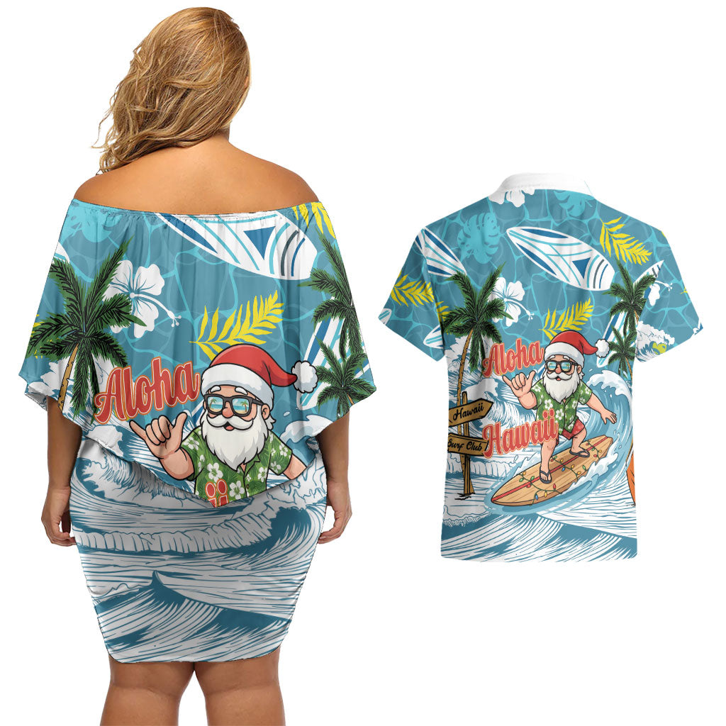 Hawaii Summer Christmas Couples Matching Off Shoulder Short Dress and Hawaiian Shirt Surfing Santa Shaka Catch The Wave