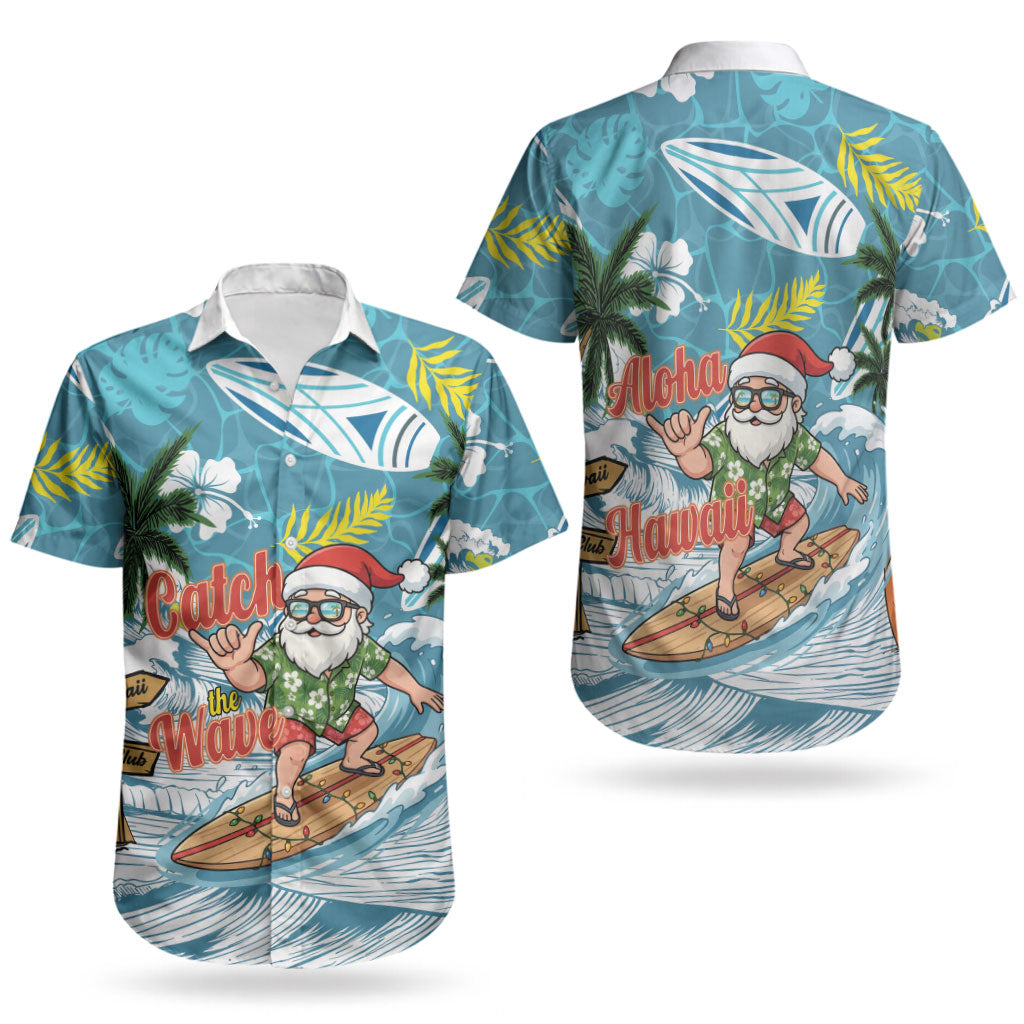 Hawaii Summer Christmas Couples Matching Off Shoulder Short Dress and Hawaiian Shirt Surfing Santa Shaka Catch The Wave LT14