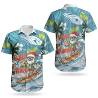 Hawaii Summer Christmas Couples Matching Off Shoulder Short Dress and Hawaiian Shirt Surfing Santa Shaka Catch The Wave LT14