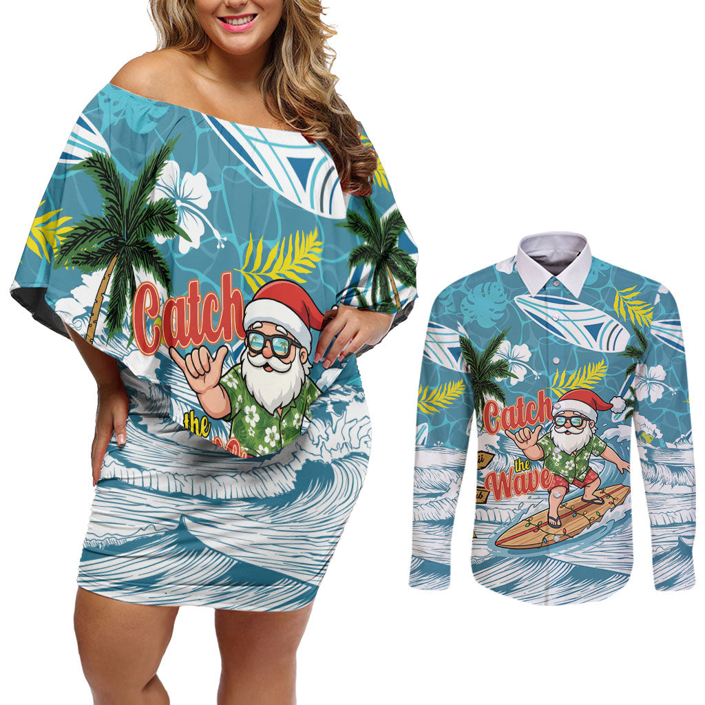 Hawaii Summer Christmas Couples Matching Off Shoulder Short Dress and Long Sleeve Button Shirt Surfing Santa Shaka Catch The Wave