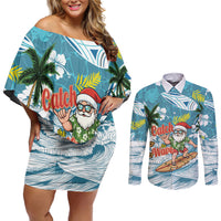 Hawaii Summer Christmas Couples Matching Off Shoulder Short Dress and Long Sleeve Button Shirt Surfing Santa Shaka Catch The Wave