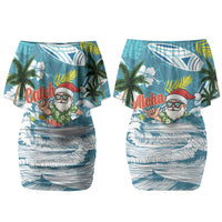 Hawaii Summer Christmas Couples Matching Off Shoulder Short Dress and Long Sleeve Button Shirt Surfing Santa Shaka Catch The Wave LT14