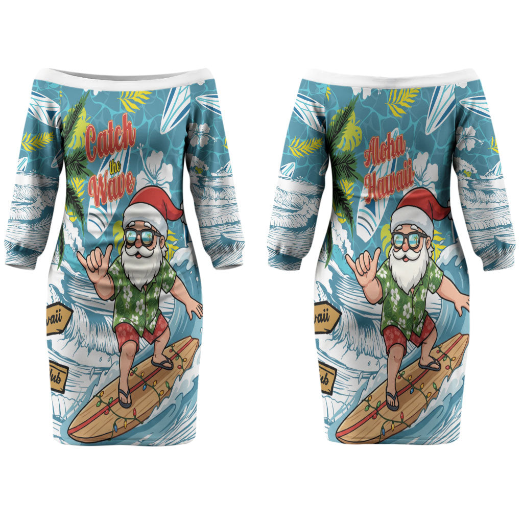 Hawaii Summer Christmas Couples Matching Off The Shoulder Long Sleeve Dress and Long Sleeve Button Shirt Surfing Santa Shaka Catch The Wave LT14