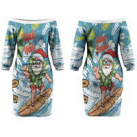 Hawaii Summer Christmas Couples Matching Off The Shoulder Long Sleeve Dress and Long Sleeve Button Shirt Surfing Santa Shaka Catch The Wave LT14