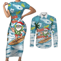 Hawaii Summer Christmas Couples Matching Short Sleeve Bodycon Dress and Long Sleeve Button Shirt Surfing Santa Shaka Catch The Wave