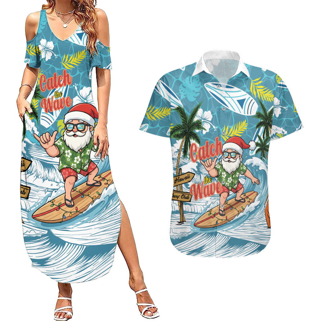 Hawaii Summer Christmas Couples Matching Summer Maxi Dress and Hawaiian Shirt Surfing Santa Shaka Catch The Wave