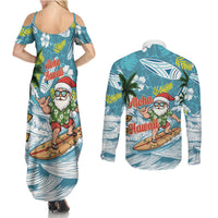 Hawaii Summer Christmas Couples Matching Summer Maxi Dress and Long Sleeve Button Shirt Surfing Santa Shaka Catch The Wave