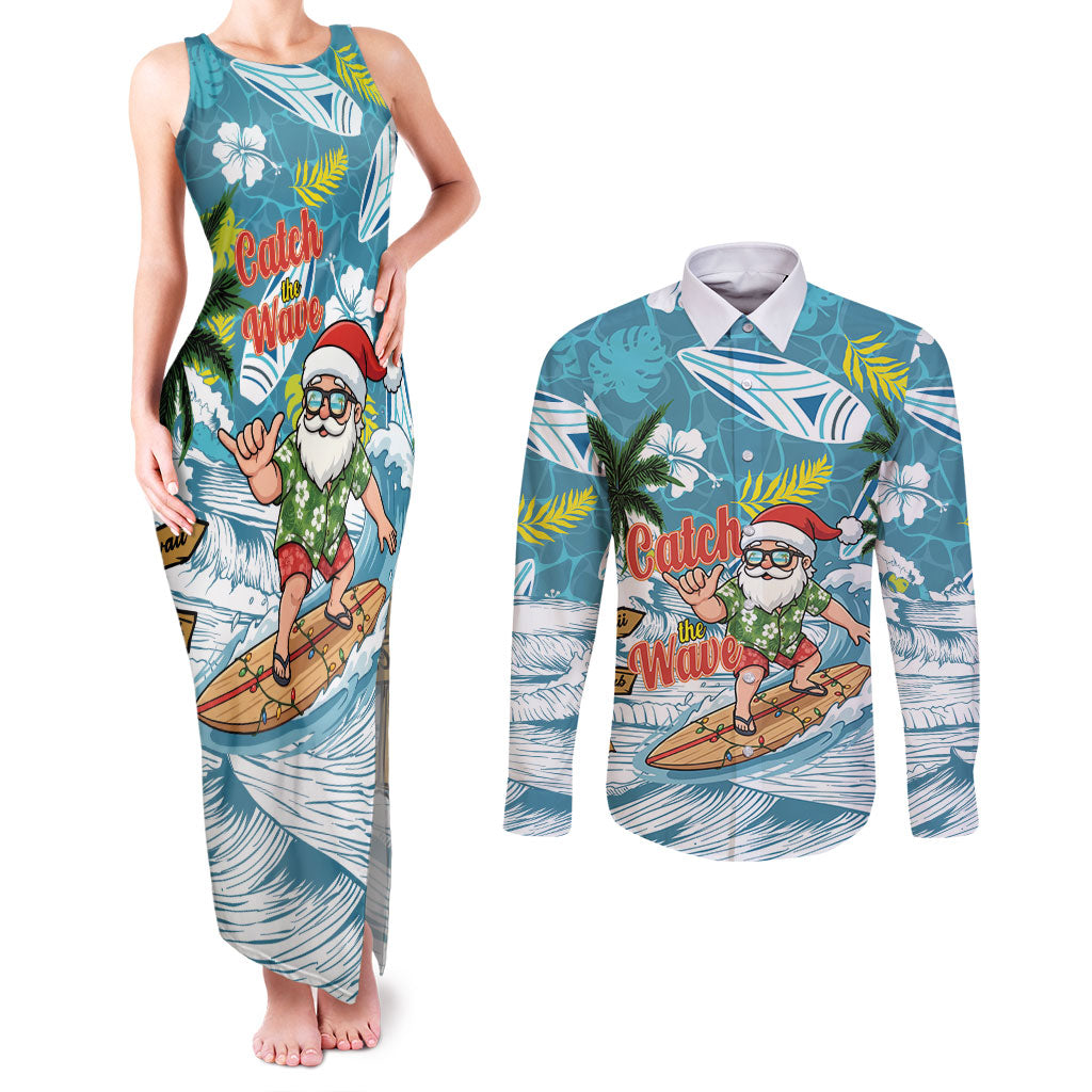 Hawaii Summer Christmas Couples Matching Tank Maxi Dress and Long Sleeve Button Shirt Surfing Santa Shaka Catch The Wave
