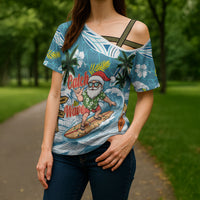 Hawaii Summer Christmas Cross Shoulder Shirt Surfing Santa Shaka Catch The Wave