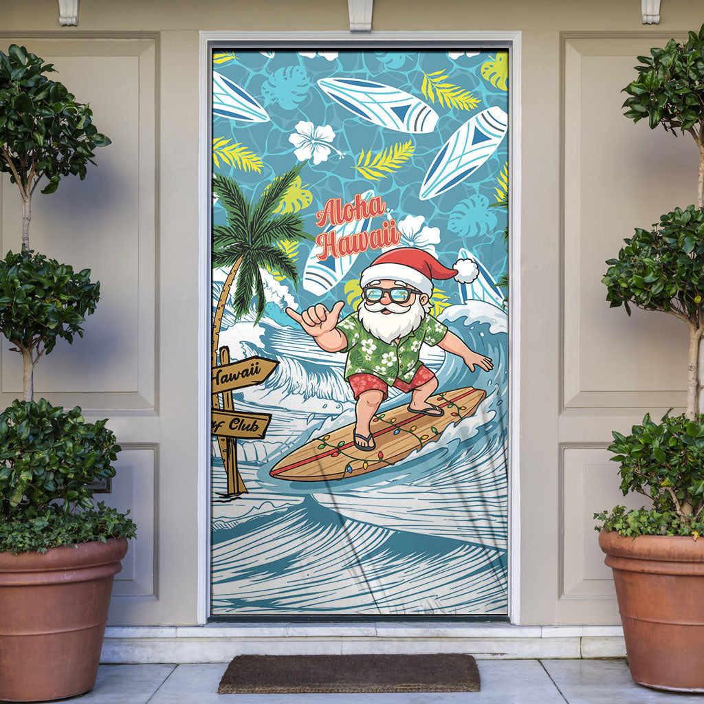 Hawaii Summer Christmas Door Cover Surfing Santa Shaka Catch The Wave