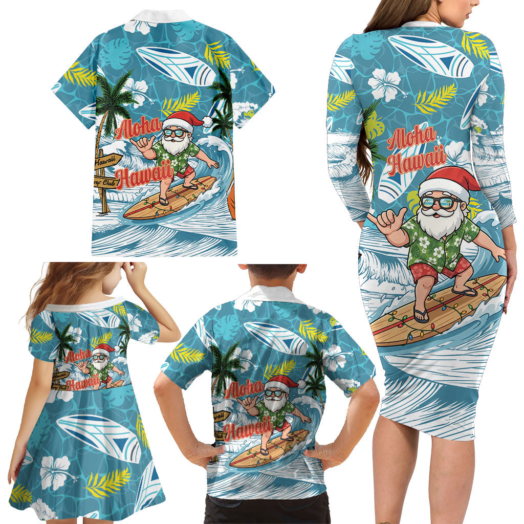 Hawaii Summer Christmas Family Matching Long Sleeve Bodycon Dress and Hawaiian Shirt Surfing Santa Shaka Catch The Wave