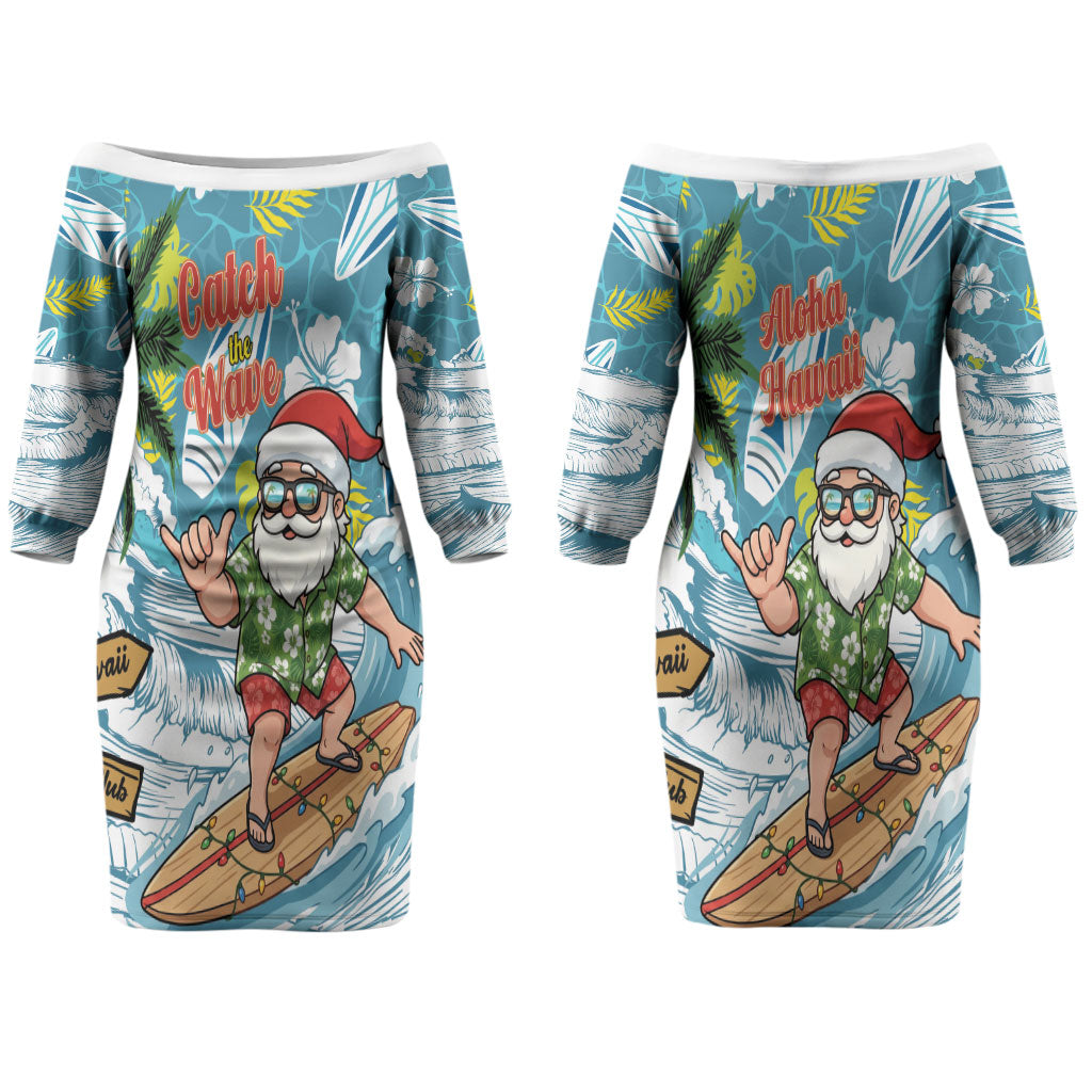 Hawaii Summer Christmas Family Matching Off The Shoulder Long Sleeve Dress and Hawaiian Shirt Surfing Santa Shaka Catch The Wave LT14 - Polynesian Pride