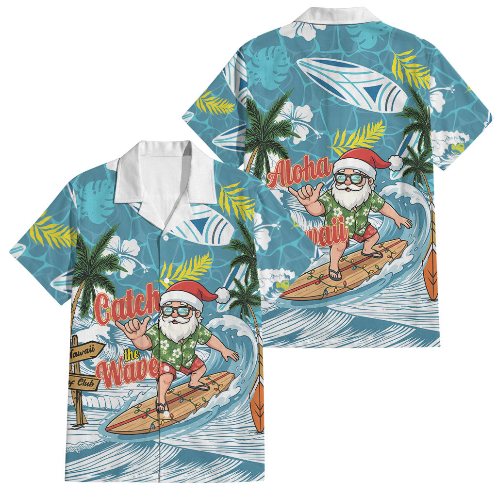 Hawaii Summer Christmas Family Matching Off The Shoulder Long Sleeve Dress and Hawaiian Shirt Surfing Santa Shaka Catch The Wave LT14 Dad's Shirt - Short Sleeve Teal - Polynesian Pride