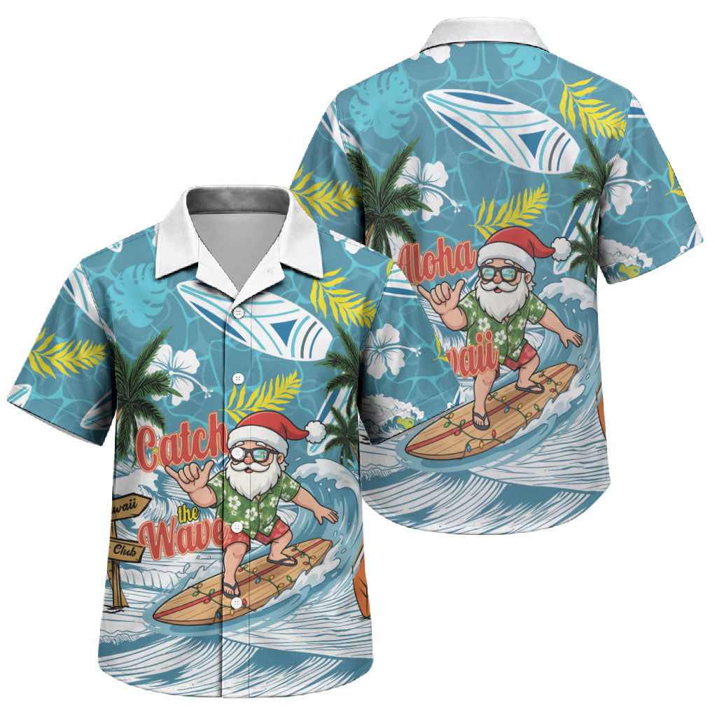 Hawaii Summer Christmas Family Matching Off The Shoulder Long Sleeve Dress and Hawaiian Shirt Surfing Santa Shaka Catch The Wave LT14 - Polynesian Pride