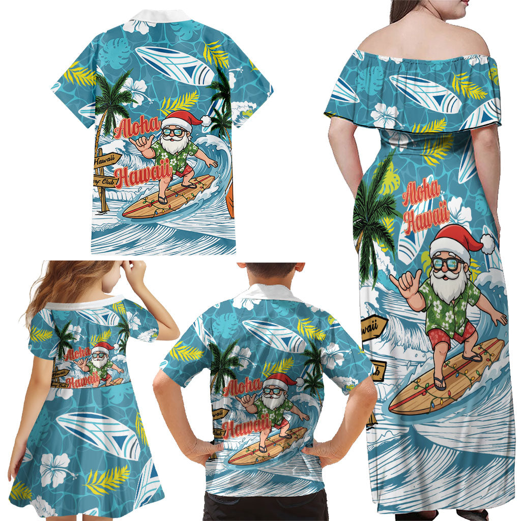 Hawaii Summer Christmas Family Matching Off Shoulder Maxi Dress and Hawaiian Shirt Surfing Santa Shaka Catch The Wave