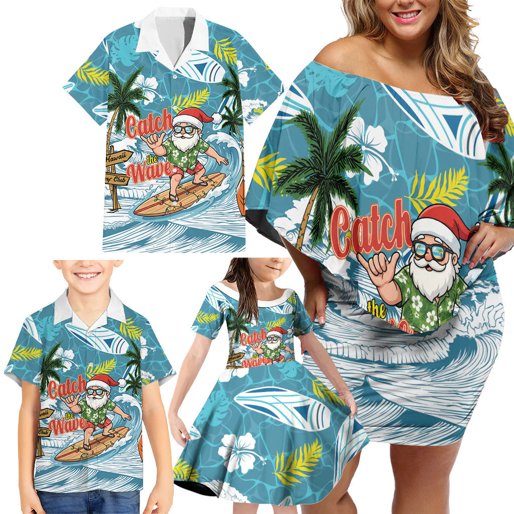 Hawaii Summer Christmas Family Matching Off Shoulder Short Dress and Hawaiian Shirt Surfing Santa Shaka Catch The Wave LT14 - Polynesian Pride