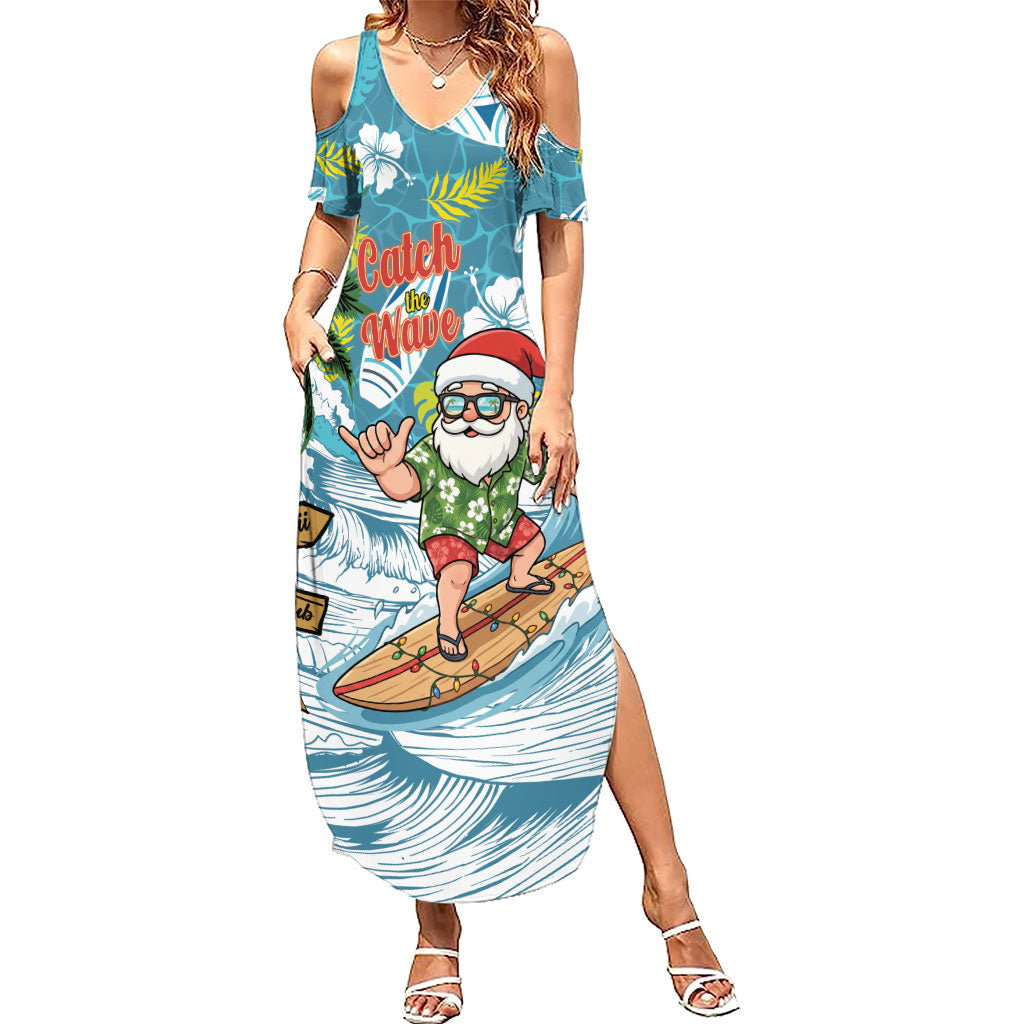 Hawaii Summer Christmas Family Matching Summer Maxi Dress and Hawaiian Shirt Surfing Santa Shaka Catch The Wave