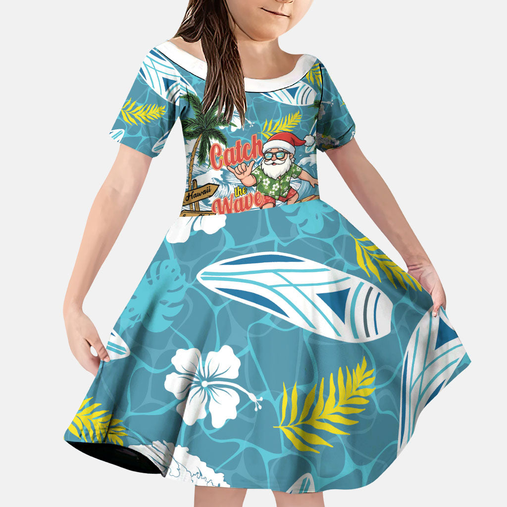Hawaii Summer Christmas Family Matching Tank Maxi Dress and Hawaiian Shirt Surfing Santa Shaka Catch The Wave