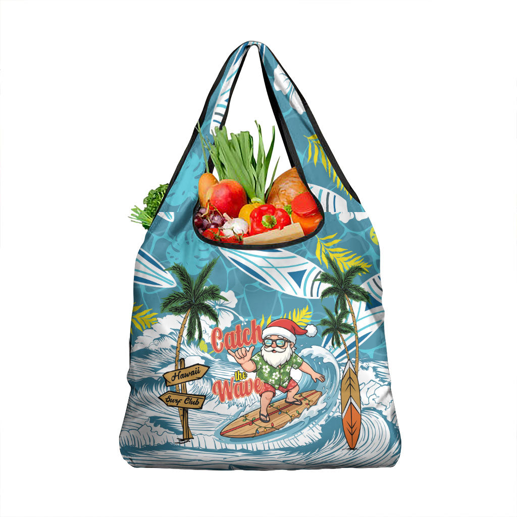 Hawaii Summer Christmas Grocery Bag Surfing Santa Shaka Catch The Wave LT14 1-pack One Size Teal - Polynesian Pride